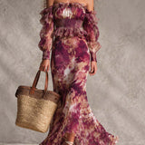 Rochie maxi din șifon cu imprimeu floral și umeri goi