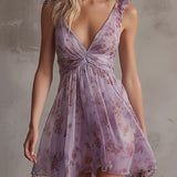 Rochie mini din șifon cu flori retro violet