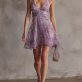 Rochie mini din șifon cu flori retro violet