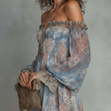 Rochie mini din șifon cu imprimeu floral și umeri decupați