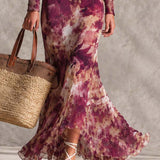 Rochie maxi din șifon cu imprimeu floral și umeri goi