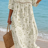 Rochie de Plajă cu Efect de In și Motiv Botanic