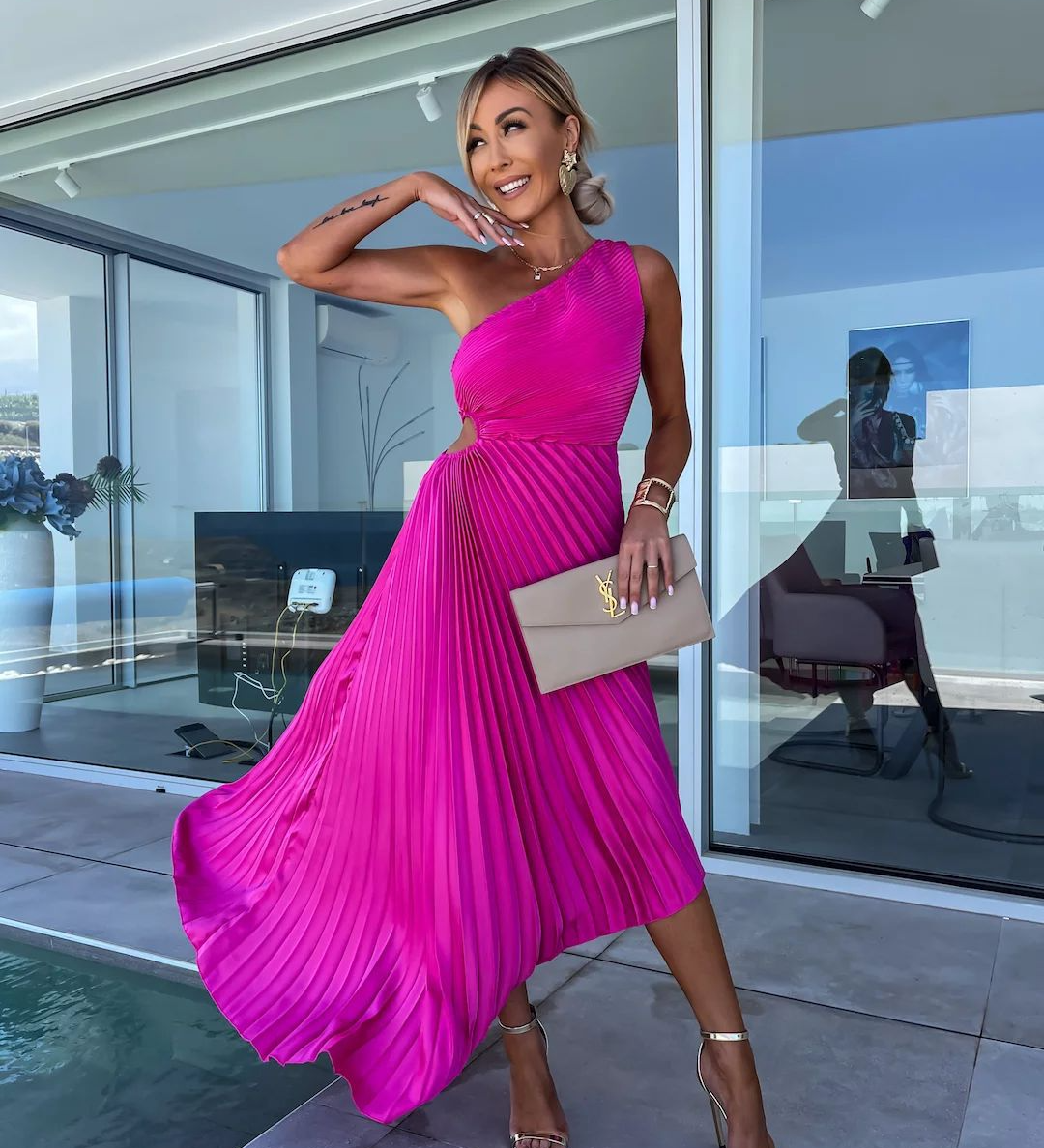 ELLA | Rochie Midi Plisată cu Un Umăr