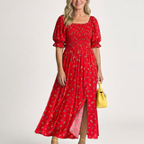 Delphine | Rochie midi cu decolteu pătrat și mâneci bufante florale