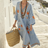 Perrine – Rochie Caftan Albastră cu Flori din Egee