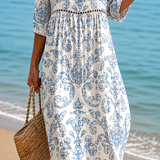 Rochie Midi Moale cu Motif Clasic Albastru