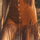 Rochie mini fără mâneci din piele întoarsă maro cu franjuri