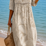 Rochie Midi Moale cu Imprimare Naturală de Frunze
