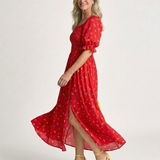 Delphine | Rochie midi cu decolteu pătrat și mâneci bufante florale