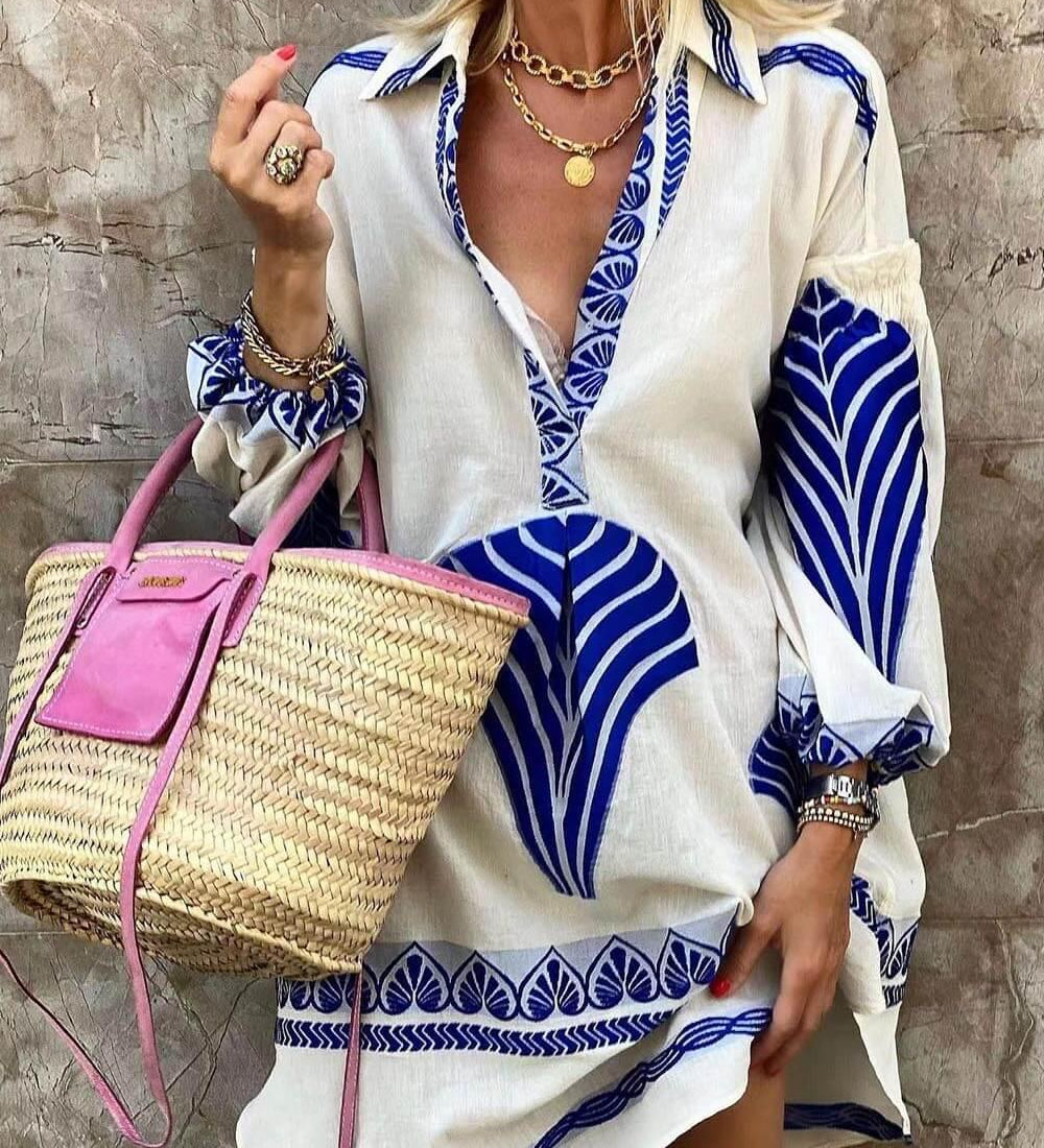 Rochie mini lejeră cu imprimeu și mâneci lungi