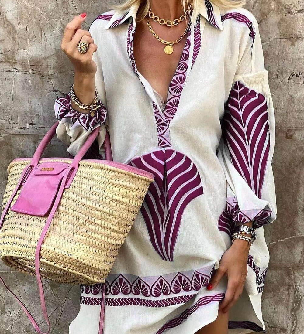 Rochie mini lejeră cu imprimeu și mâneci lungi