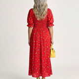 Delphine | Rochie midi cu decolteu pătrat și mâneci bufante florale