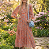 AMARA | ROCHIE MIDI TIERATĂ CU DECOLTEU ÎN V ȘI PRINT GEOMETRIC