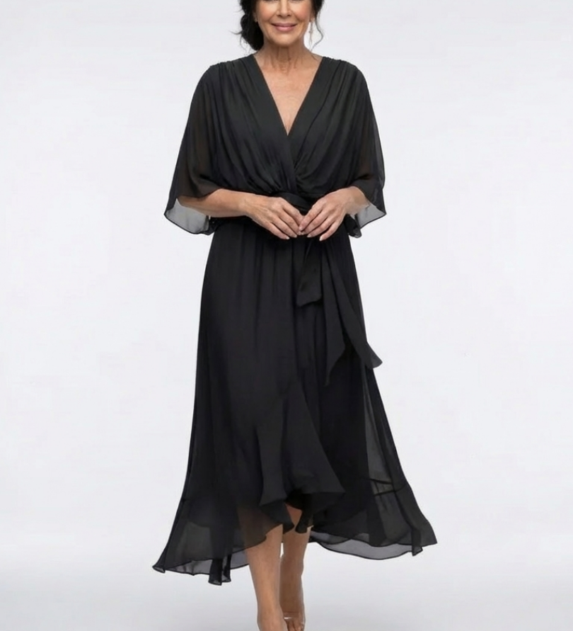 Elysia | Rochie Midi cu Decolteu în V și Talie Drapată