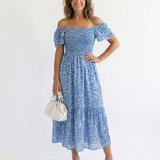 Odette | Rochie Midi cu Flori și Umeri Decupați