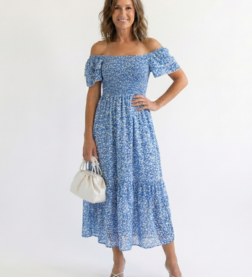 Odette | Rochie Midi cu Flori și Umeri Decupați