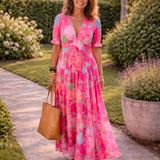Ione | Rochie midi cu mânecă scurtă și decolteu în V, florală