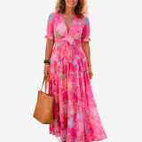 Ione — Rochie Midi cu Mânecă Scurtă și Decolteu în V, Florală