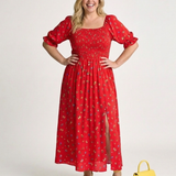 Delphine | Rochie midi cu decolteu pătrat și mâneci bufante florale