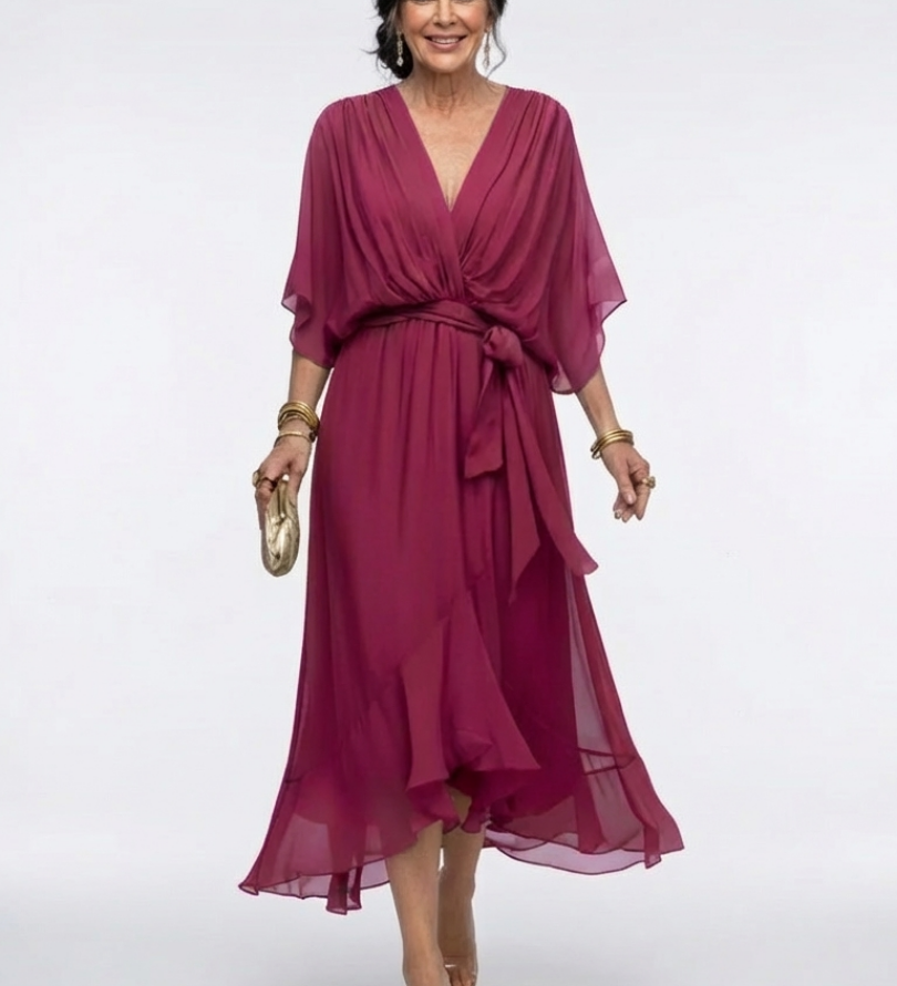 Elysia | Rochie Midi cu Decolteu în V și Talie Drapată
