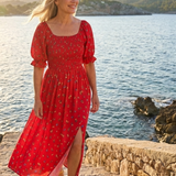Delphine | Rochie midi cu decolteu pătrat și mâneci bufante florale