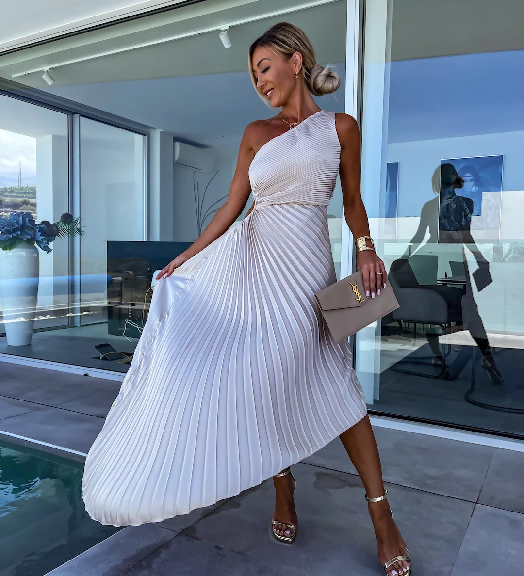 ELLA | Rochie Midi Plisată cu Un Umăr