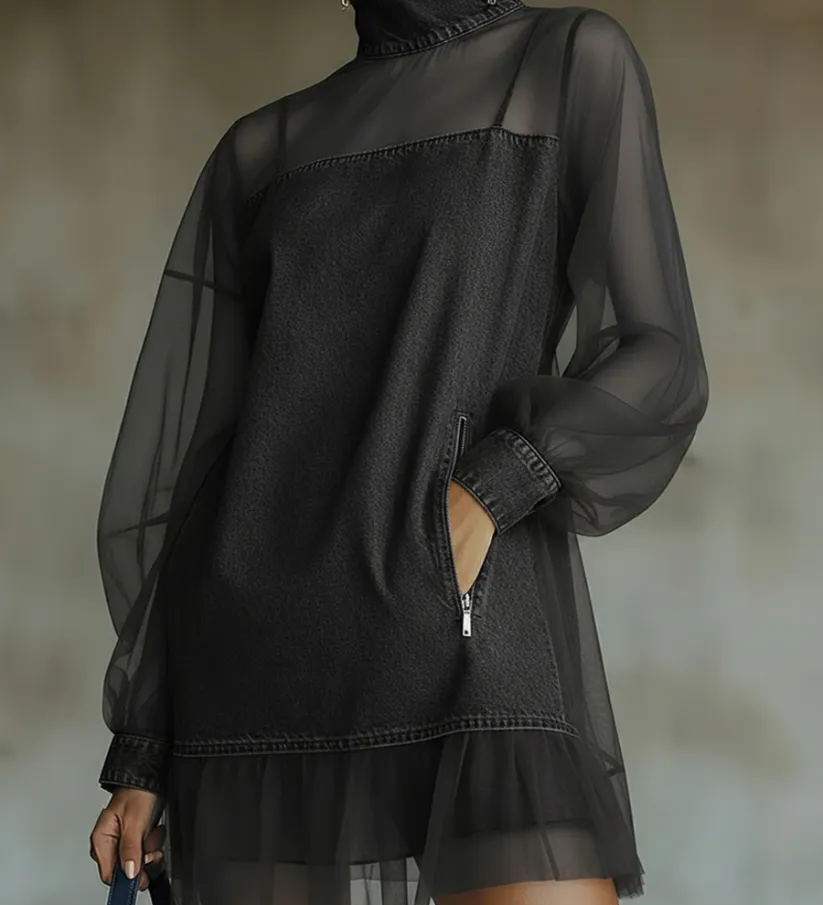 Rochie mini din denim și tul cu guler înalt