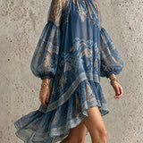 Rochie retro din șifon cu imprimeu și mâneci lungi
