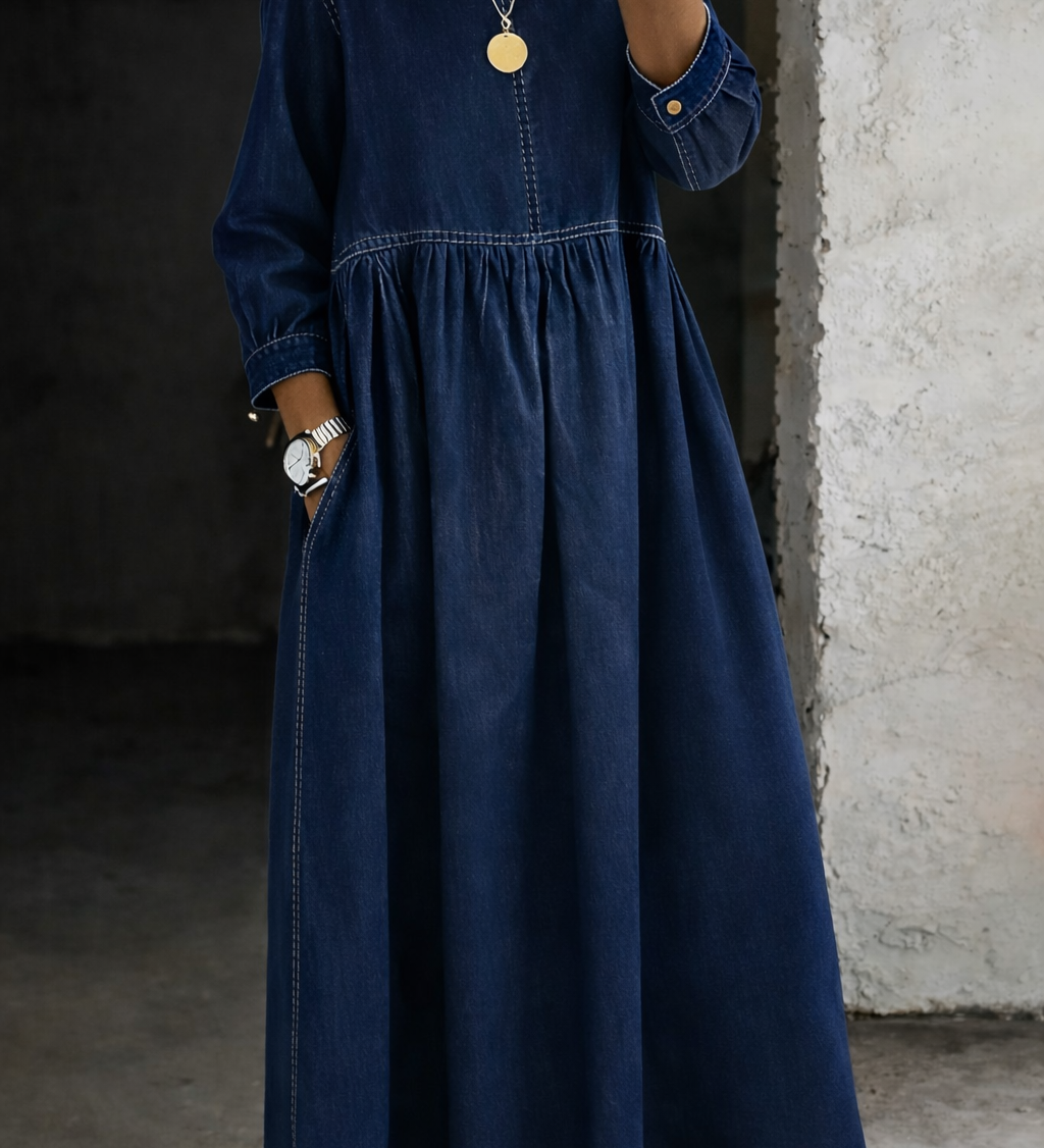 Melissa™ | Rochie din denim cu decolteu rotund și mâneci lungi