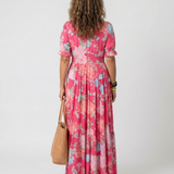 Ione | Rochie midi cu mânecă scurtă și decolteu în V, florală