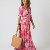 Ione | Rochie midi cu mânecă scurtă și decolteu în V, florală