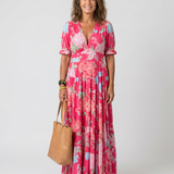 Ione | Rochie midi cu mânecă scurtă și decolteu în V, florală