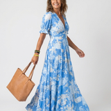 Ione | Rochie midi cu mânecă scurtă și decolteu în V, florală