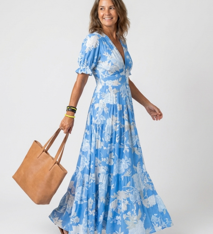 Ione | Rochie midi cu mânecă scurtă și decolteu în V, florală