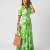 Ione | Rochie midi cu mânecă scurtă și decolteu în V, florală