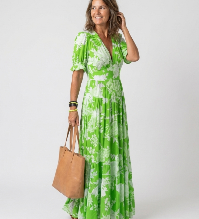 Ione | Rochie midi cu mânecă scurtă și decolteu în V, florală