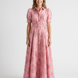 Xanthea | Rochie maxi cu mânecă scurtă, cu curea și textură florală