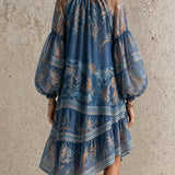 Rochie retro din șifon cu imprimeu și mâneci lungi