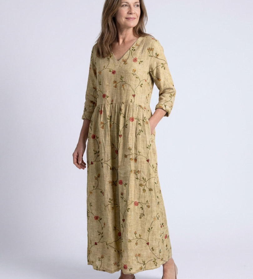 Marina | Rochie Maxi cu Decolteu în V și Mâneci Trei Sferturi