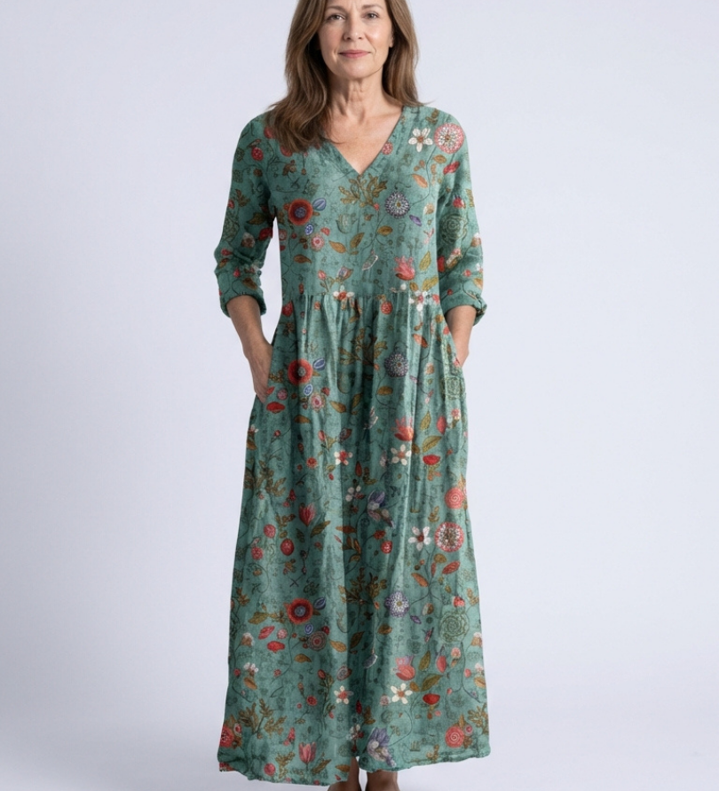 Marina | Rochie Maxi cu Decolteu în V și Mâneci Trei Sferturi