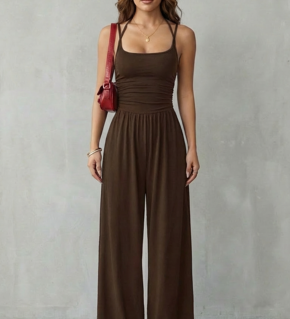 Jumpsuit lejer cu bretele spaghetti și pantaloni largi