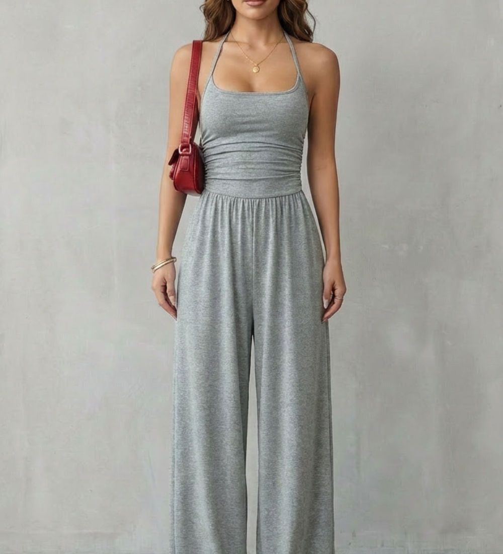 Jumpsuit lejer cu bretele spaghetti și pantaloni largi