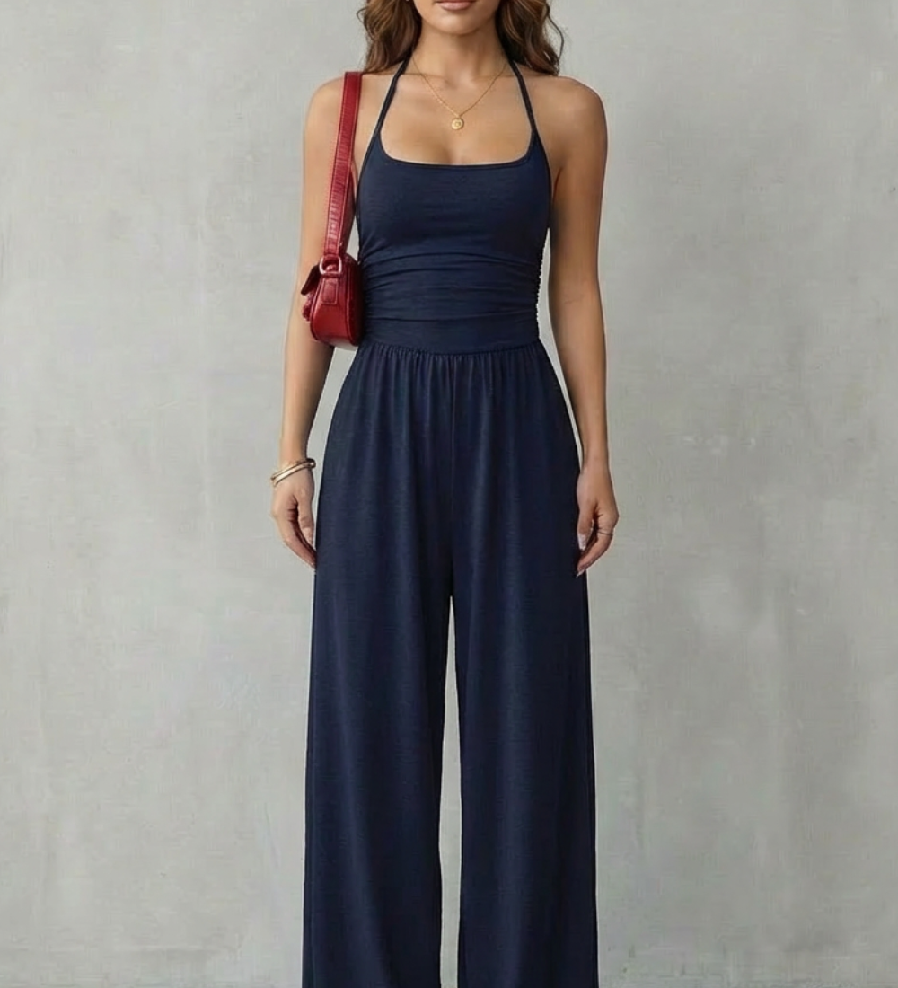 Jumpsuit lejer cu bretele spaghetti și pantaloni largi