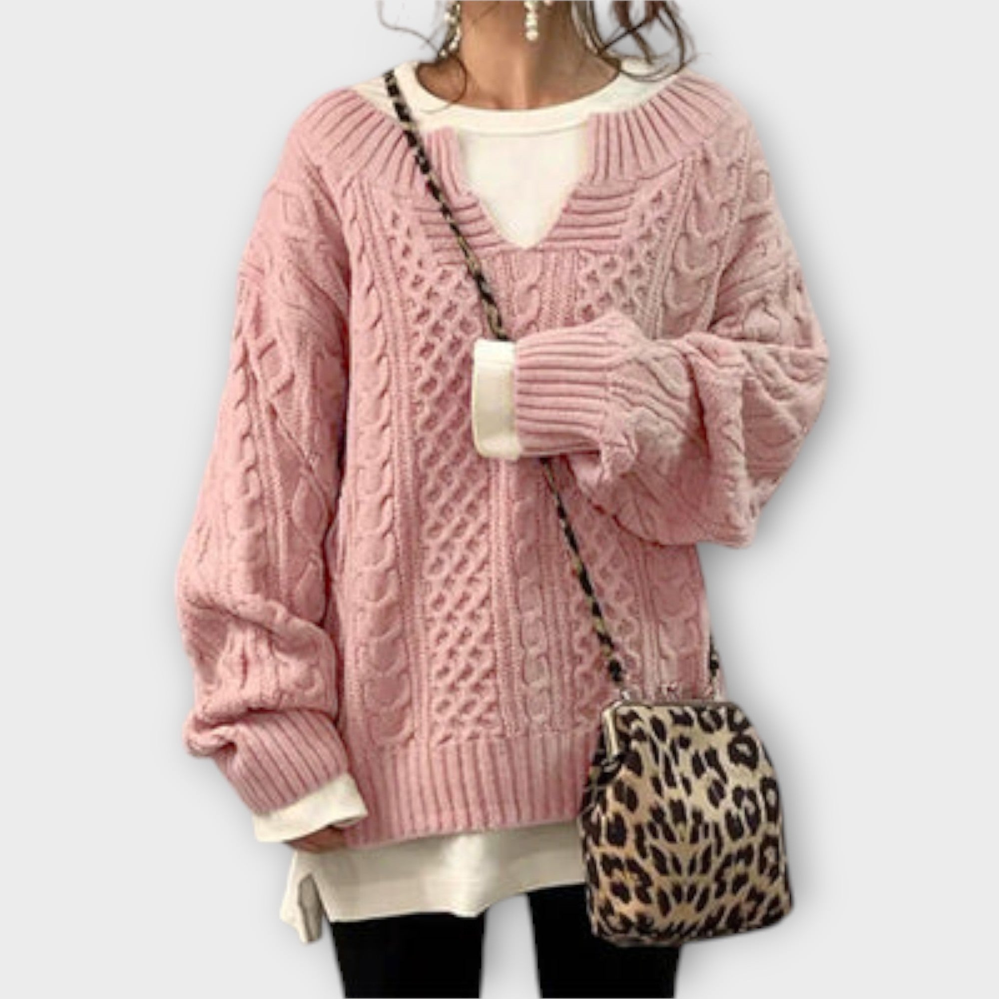 Pulover din Tricot Gros cu Motiv de Împletituri