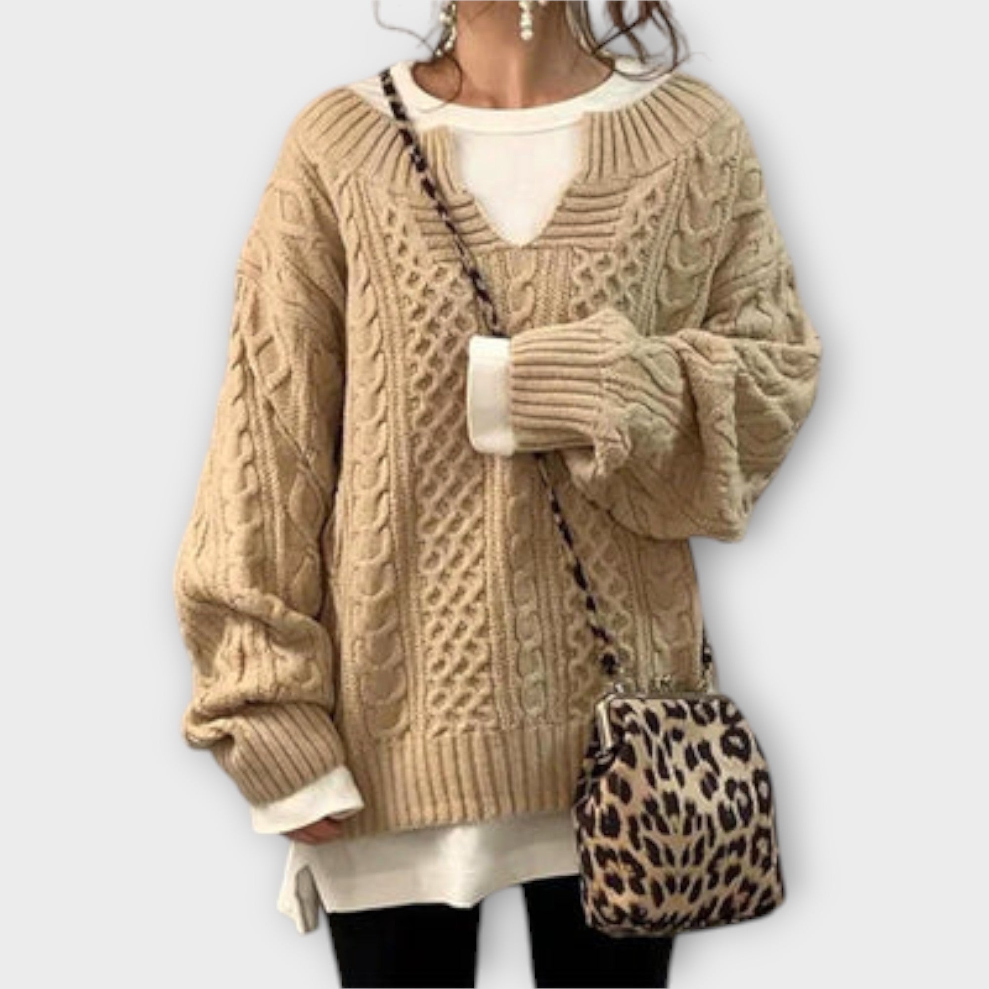 Pulover din Tricot Gros cu Motiv de Împletituri