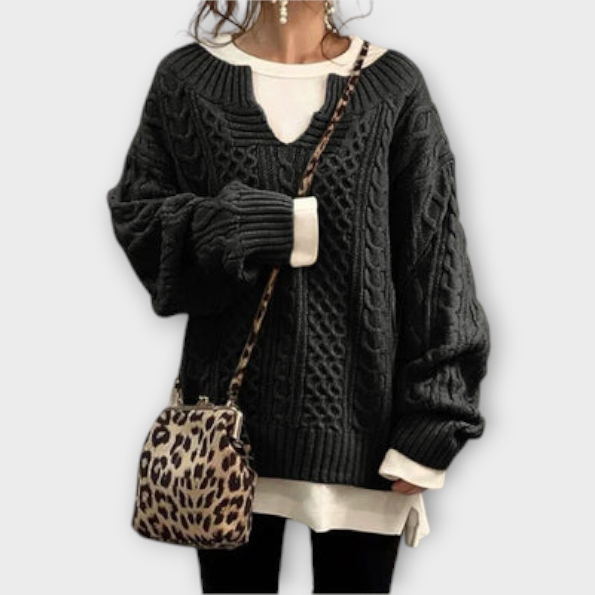 Pulover din Tricot Gros cu Motiv de Împletituri