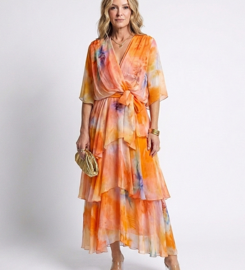 Calista | Rochie maxi transparentă, stratificată, cu decolteu în V și cordon