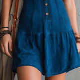 Rochie mini indigo fără mâneci cu decolteu în V și nasturi