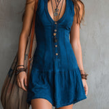 Rochie mini indigo fără mâneci cu decolteu în V și nasturi