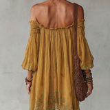 Rochie mini florală galbenă din șifon cu umeri descoperiți